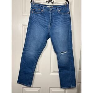 Levi's Wedgie Straight Leg Button Fly High Rise Distressed Knee Denim Jean 32